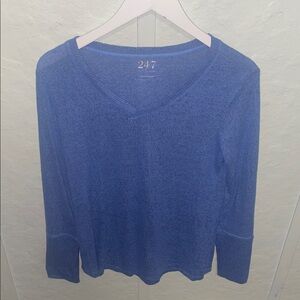 47 Women's Long Sleeve Blue V-Neck Tee